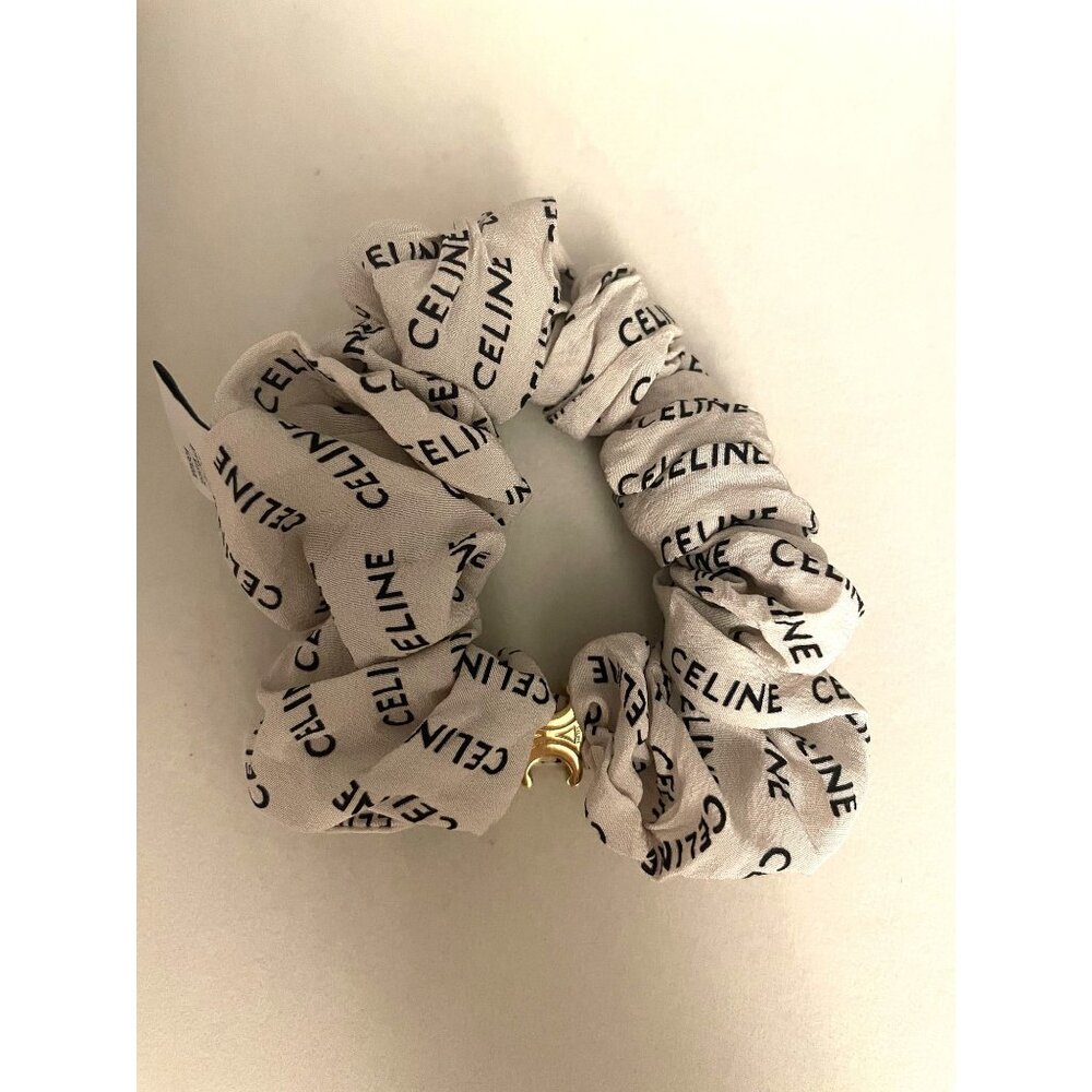 Celine Beige Hair Scrunchie With Gold Triomphe Logo Accent - Picture 2 of 5